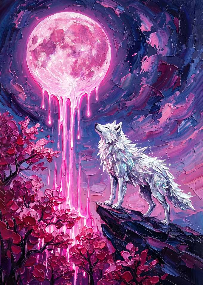 Majestic Crystalline Wolf under Dripping Pink Moon Impasto Art