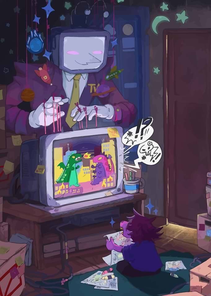 Cartoon TV Head and Child Drawing