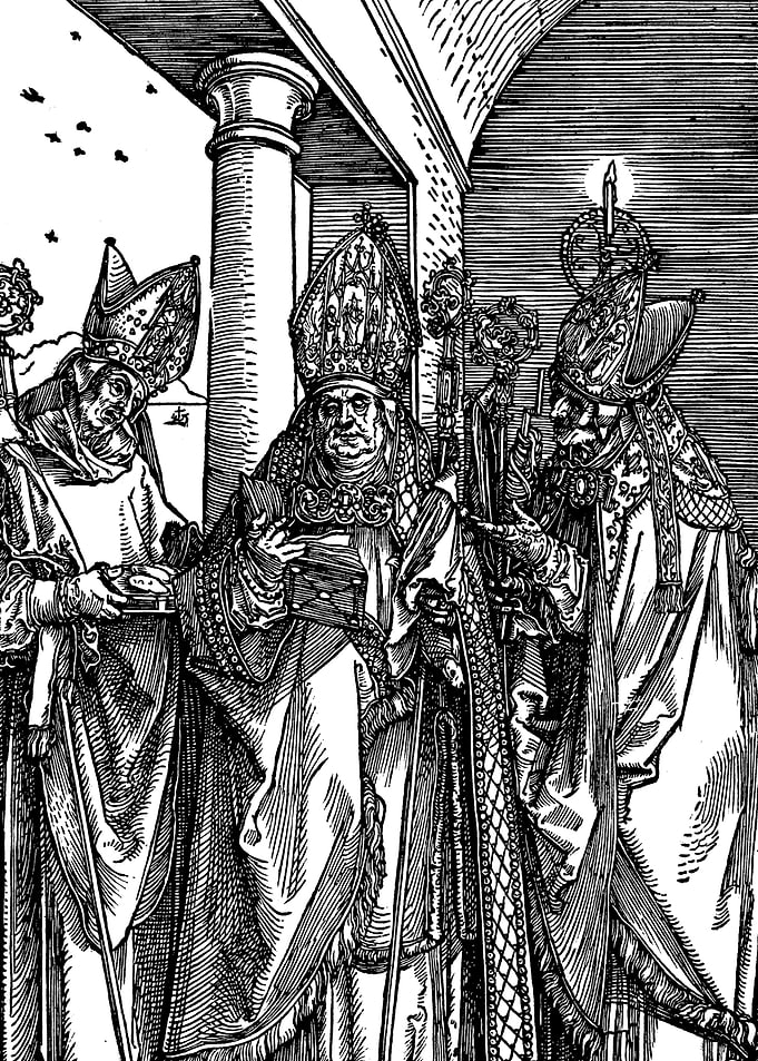 Saints Nicholas, Ulrich and Erasmus Albrecht Durer Engraving