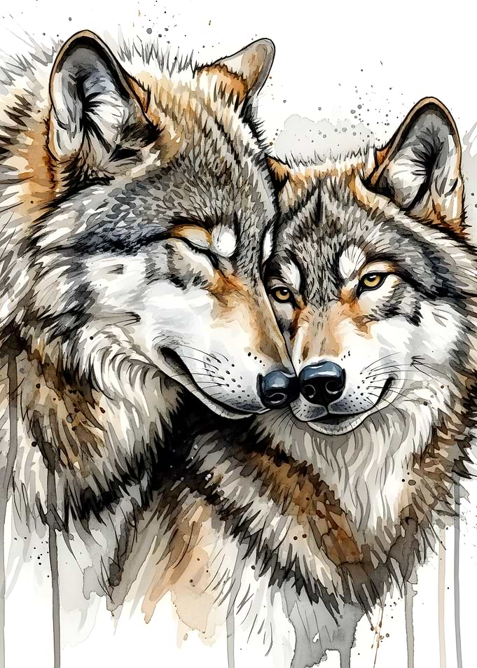 Watercolor Wolves in Affectionate Embrace