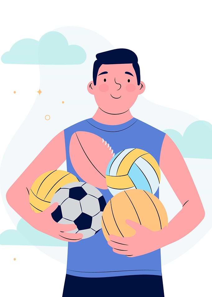 Man holding various sport balls