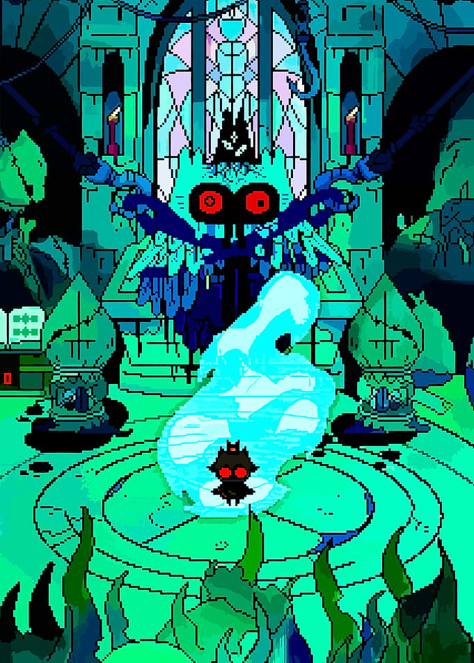 Pixelated Fantasy Scene with Dark Figures