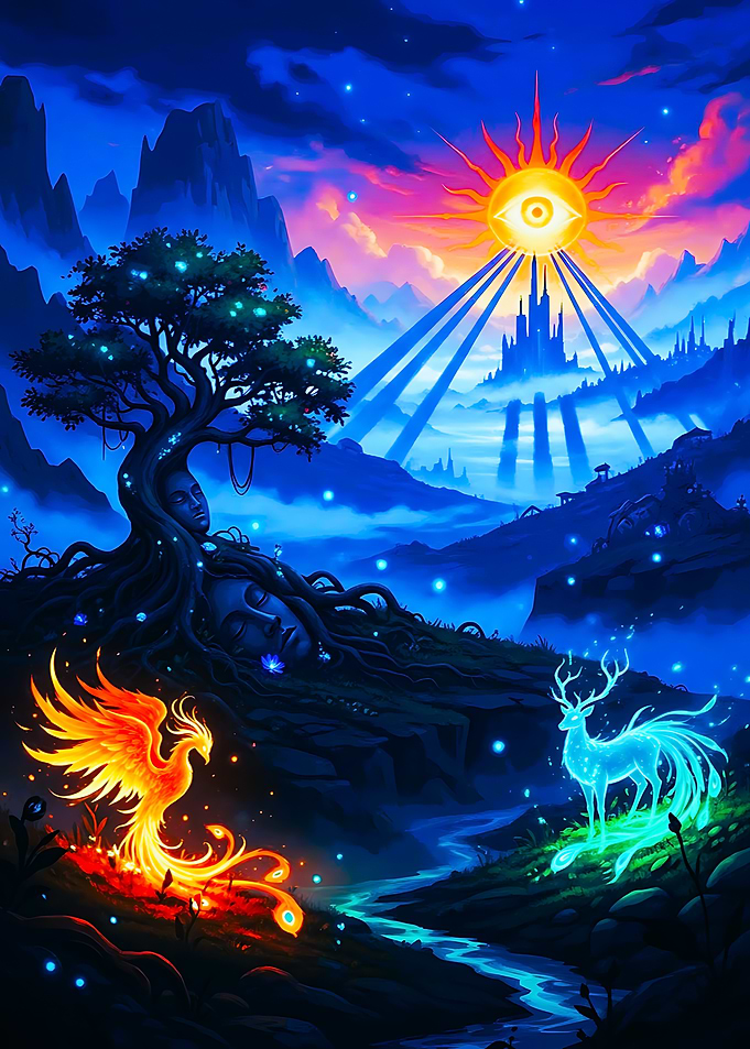 Mystical Landscape with Phoenix and Deer