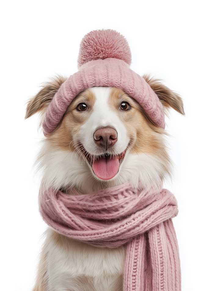 Cozy Collie Dog with Pink Hat and Scarf
