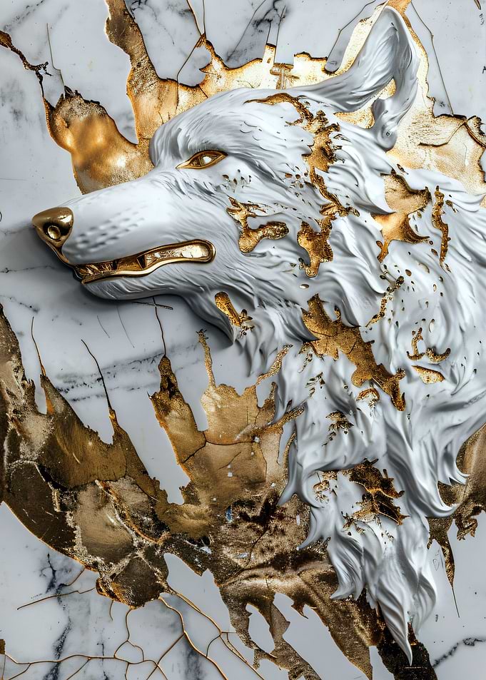 Marble Wolf with Gold Accents
