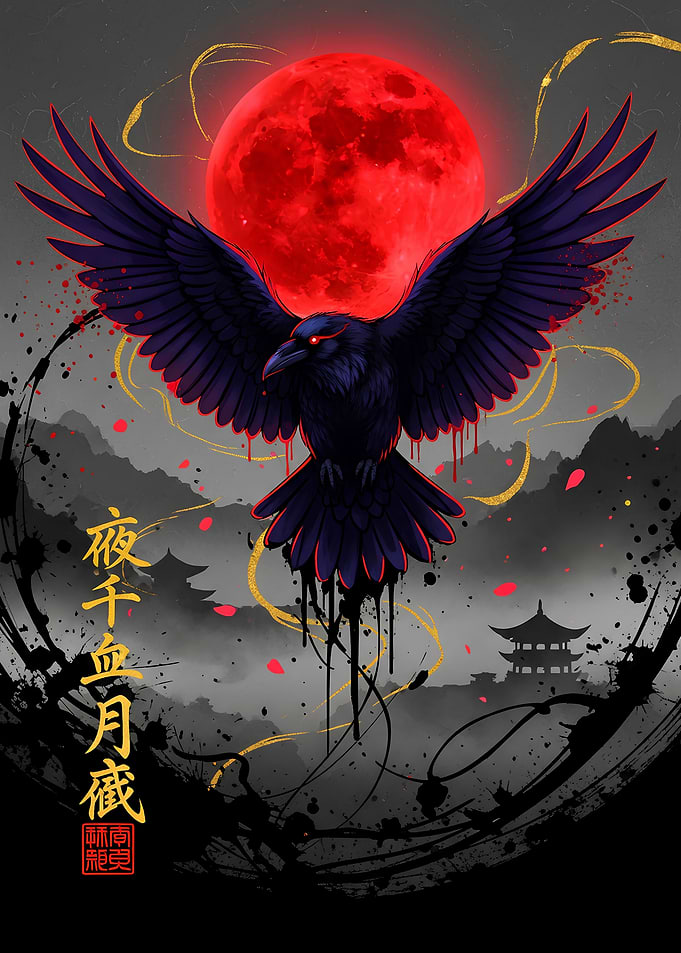 Raven, Blood Moon, and Japanese Landscape