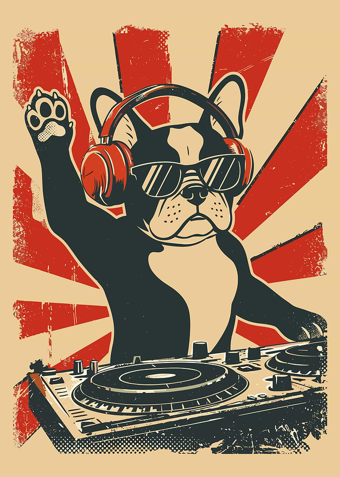 Retro DJ Dog Poster, French Bulldog Music Art, Vintage Turntable Wall Print for Music Lovers