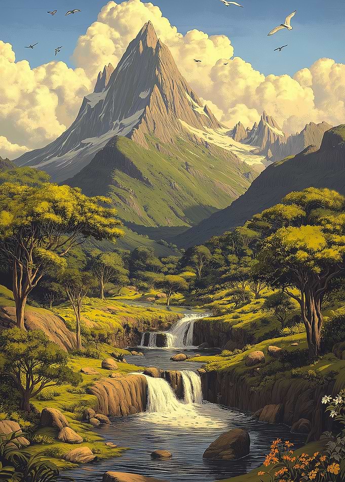 Mountain Landscape with Waterfall