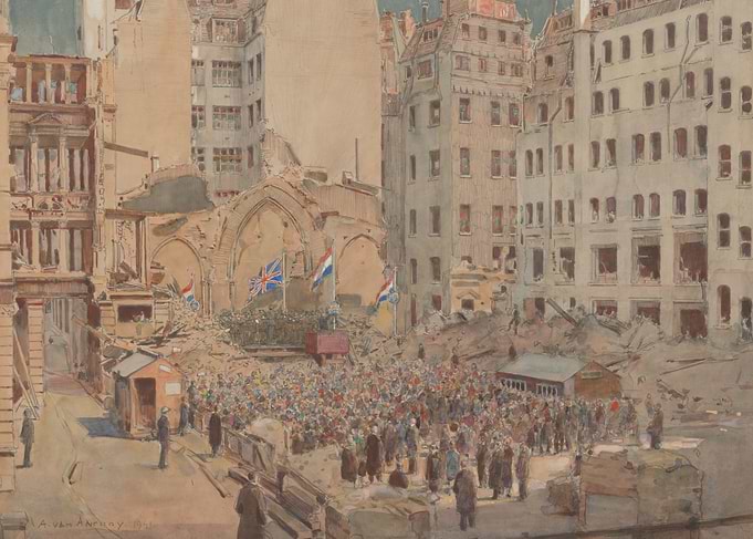 Post-War City Gathering Painting