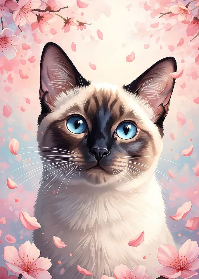Siamese Cat with Cherry Blossoms