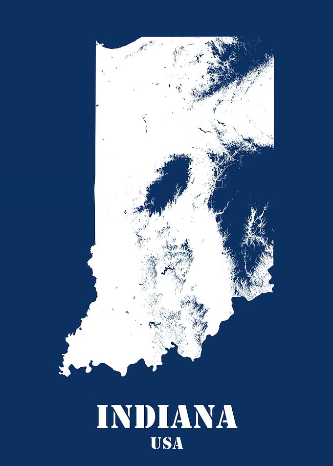 Indiana USA State Minimalist White Topographic Contour Relief Map featuring terrain on navy blue background