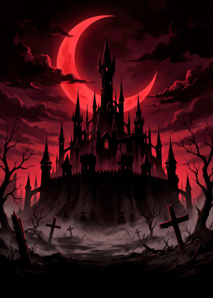Gothic Castle Under Red Crescent Moon