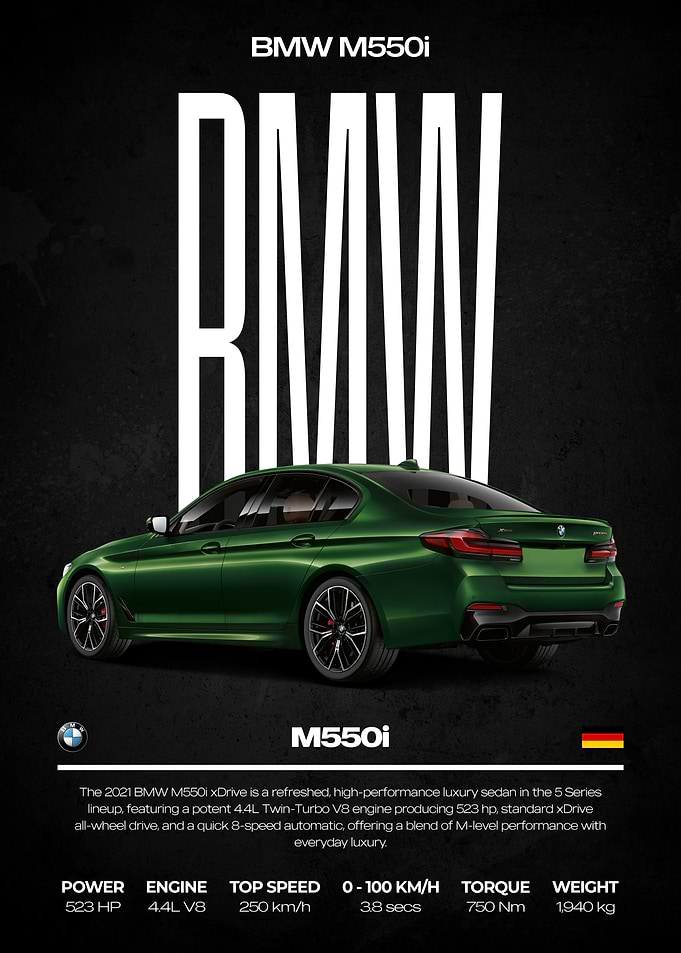 BMW M550i Green Car Poster