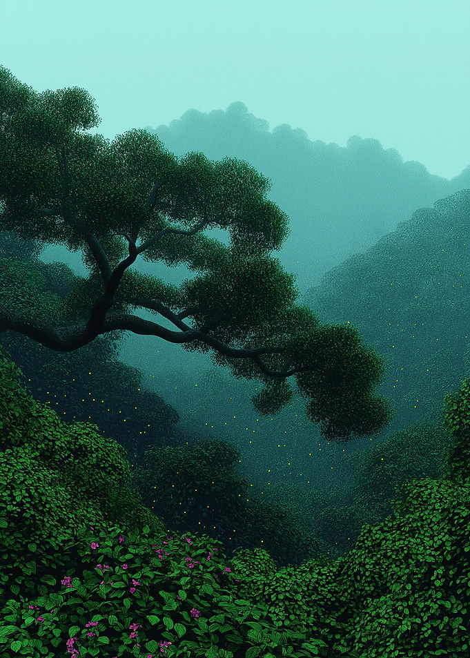 Misty Green Forest with Fireflies