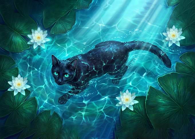 Ethereal Black Cat Swimming in Bioluminescent Turquoise Water Lily Pond
