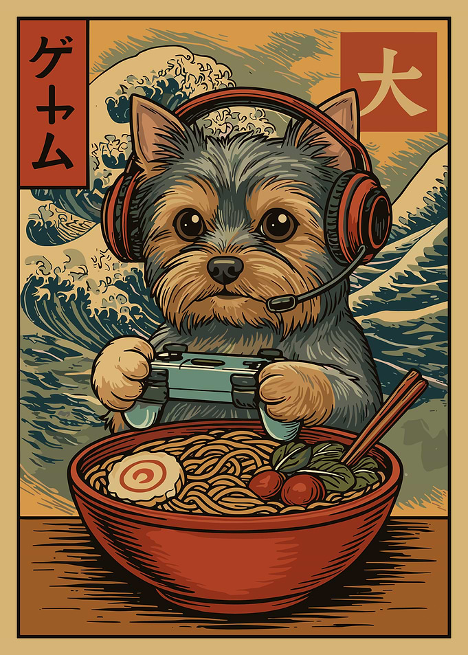 Yorkshire Terrier Gamer Ramen Poster, Japanese Art Wall Print, Cute Dog Illustration