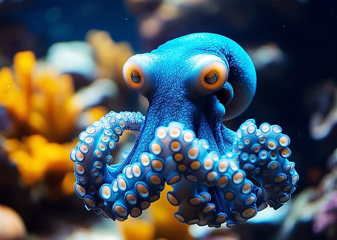 Cute Blue Octopus in Coral Reef