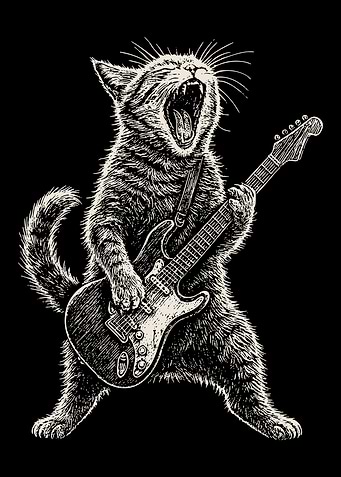 Rock Cat Poster, Vintage Crosshatch Guitar Art Print, Music Lover Wall Decor Illustration