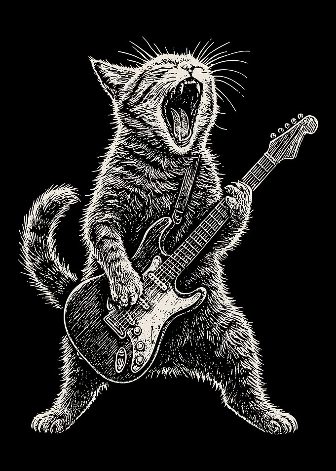 Rock Cat Poster, Vintage Crosshatch Guitar Art Print, Music Lover Wall Decor Illustration