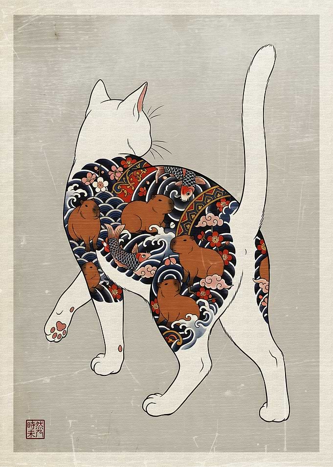 Cat with Capybara and Koi Tattoo