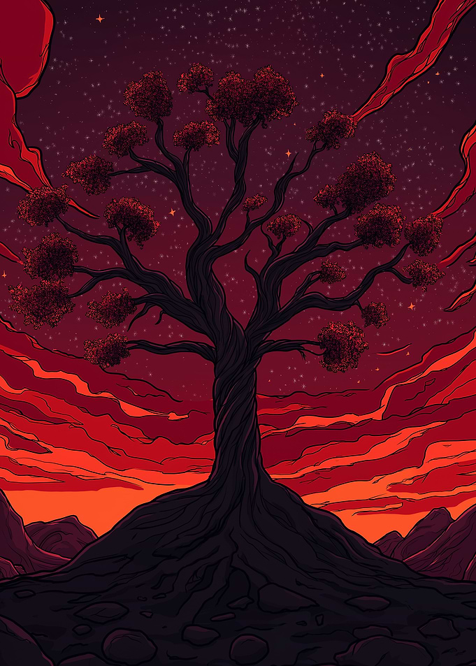 Crimson Tree Under Starry Sky