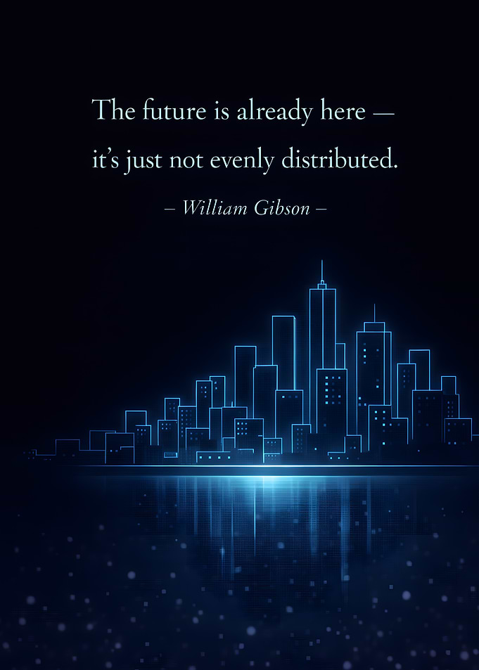 William Gibson quote with cityscape