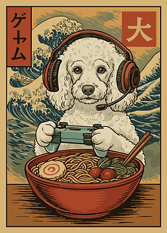 Poodle Gamer Ramen Poster, Cute Japanese Food Art, Anime Style Wall Print for Gamers