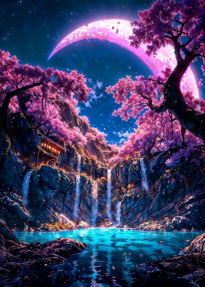 Pink Moonlit Waterfall with Cherry Blossoms