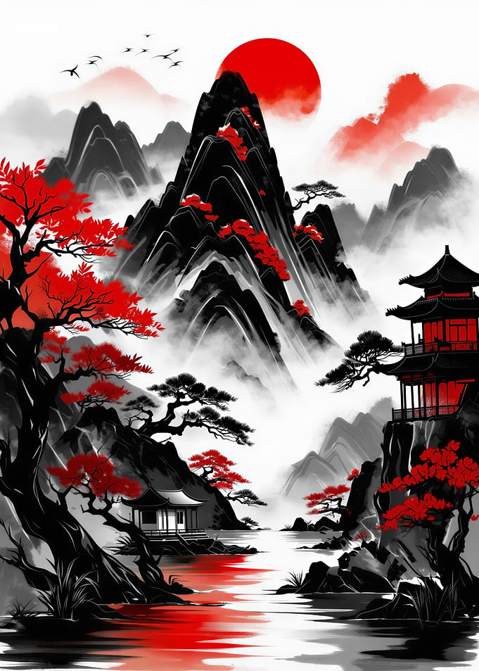 Japanese Landscape with Mountains and Pagoda