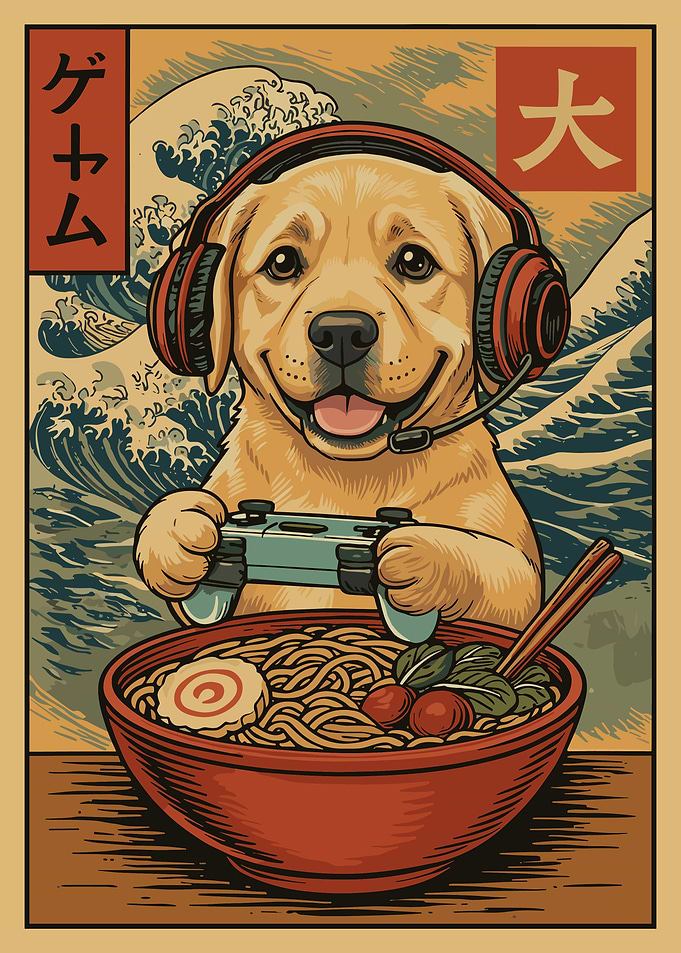 Golden Retriever Gamer Poster, Cute Dog Ramen Wall Art, Japanese Anime Style Print