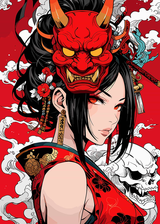 Anime Girl with Oni Mask