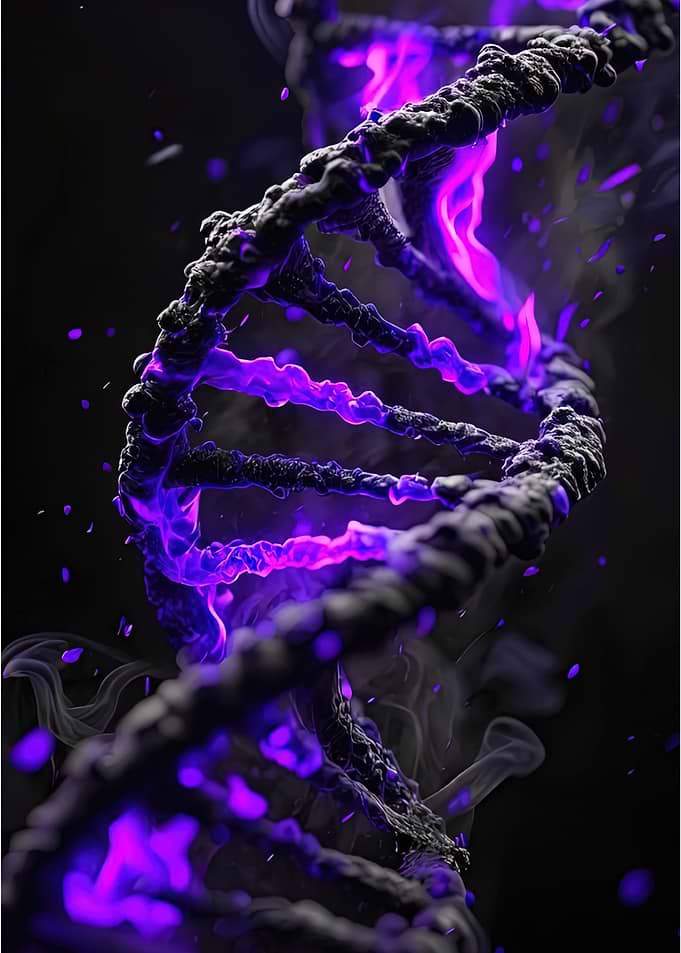 DNA strand with purple flames