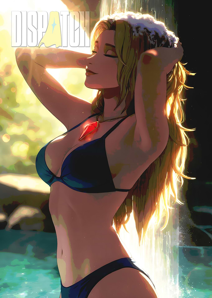 Blonde Woman in Bikini by Waterfall