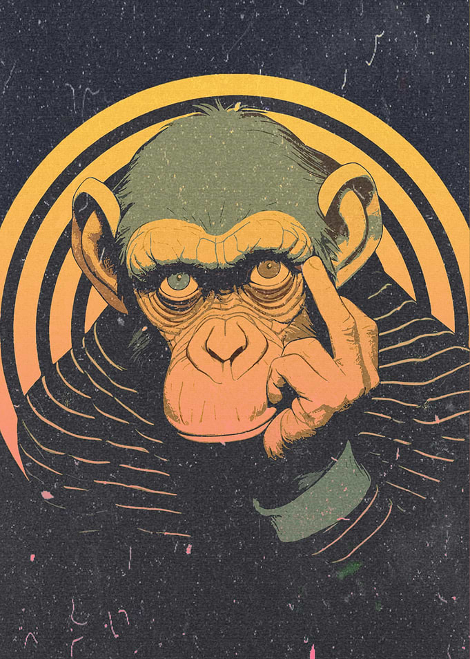 Pensive Monkey with Retro Background