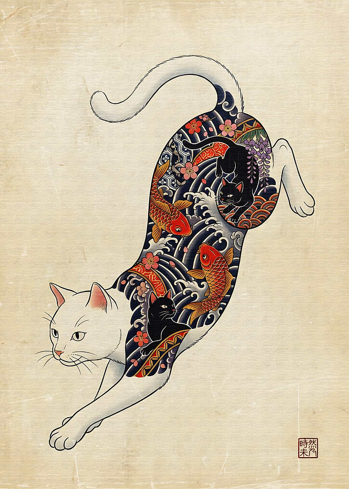 Japanese Tattoo Style Cat Illustration