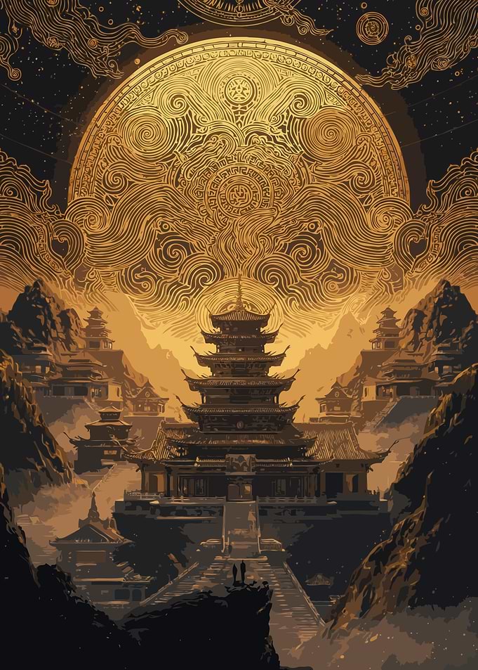 Asian Temple Landscape with Golden Sun