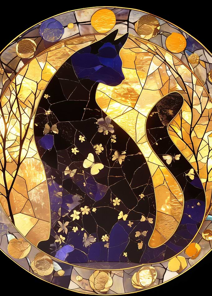 Stained Glass Cat with Butterflies