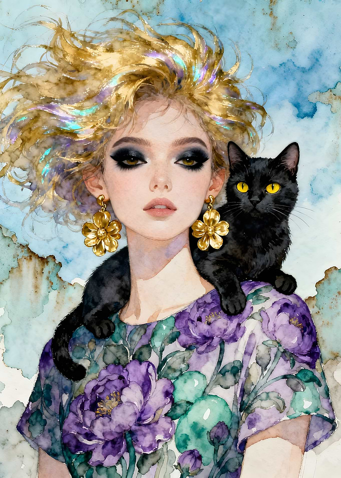 The Gold-Haired Woman with her Black Cat
