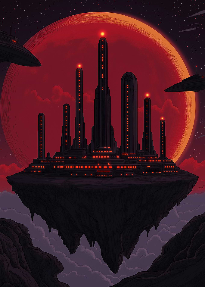 Floating City with Red Planet Backdrop