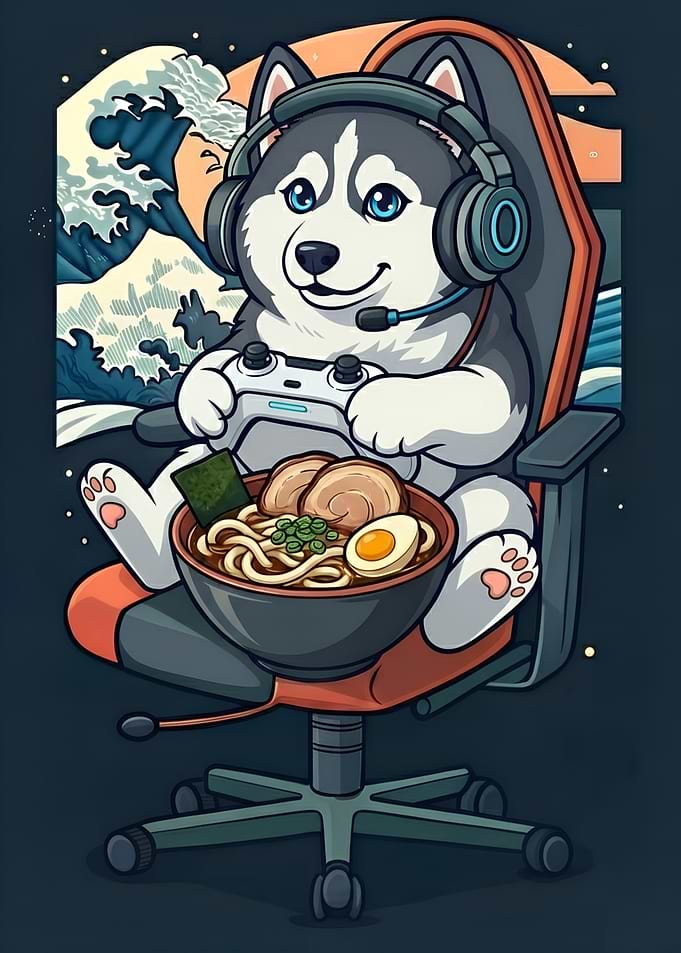 Gamer Husky with Ramen and Sea Wave