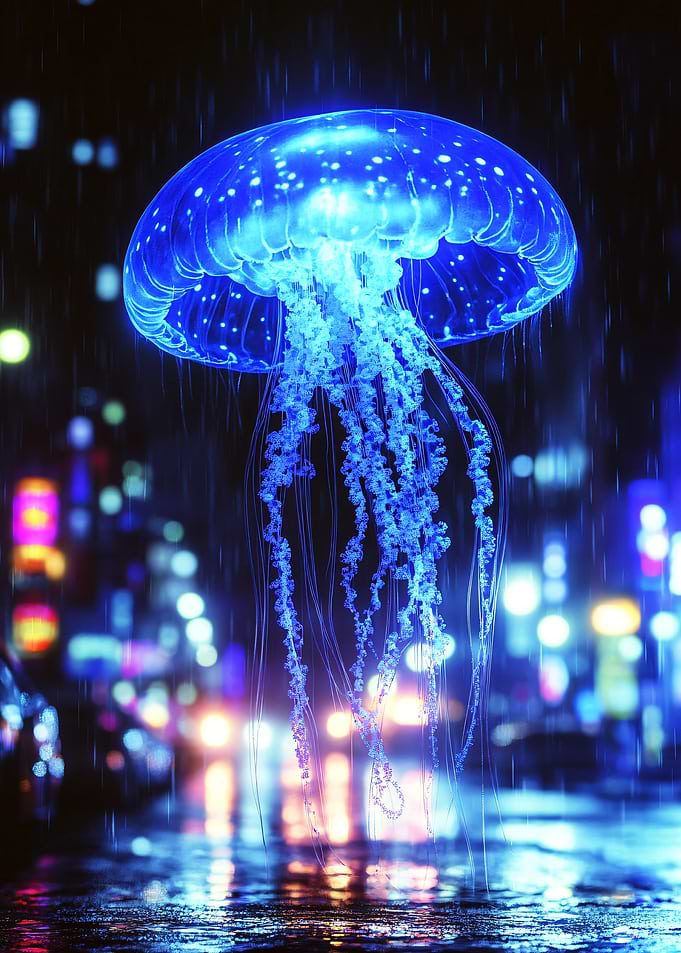 Glowing Jellyfish in Rainy Cityscape