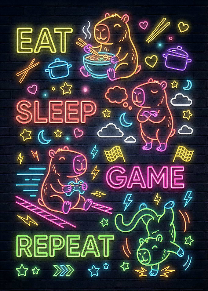 Eat Sleep Game Repeat Neon Capybaras