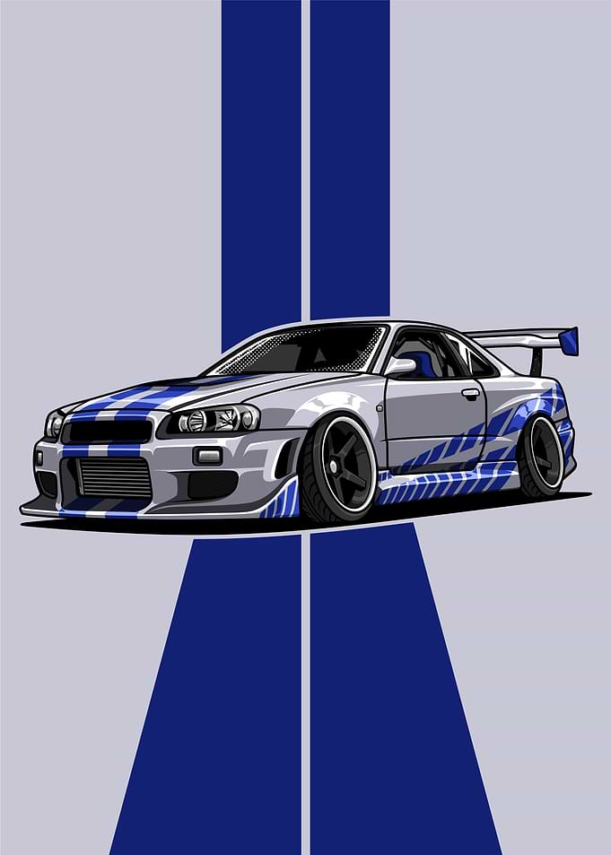 Nissan Skyline R34 Cartoon Illustration