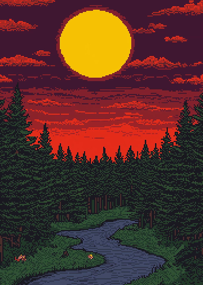 Pixel Art Forest Landscape with Moon