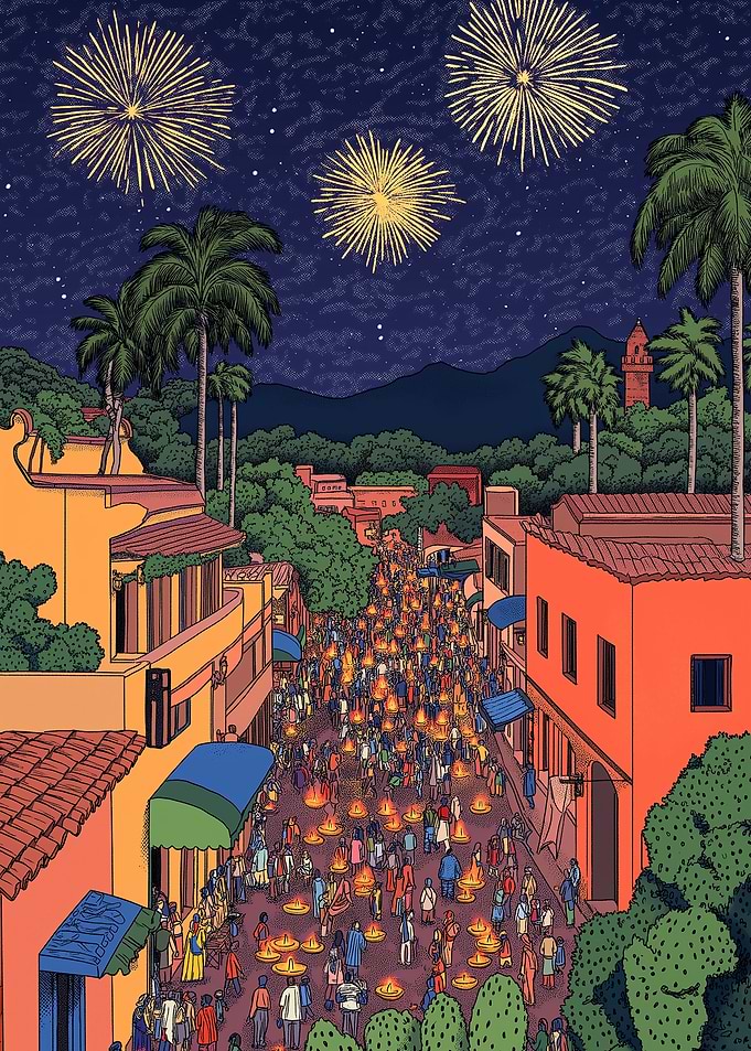 Festive Street Celebration with Fireworks