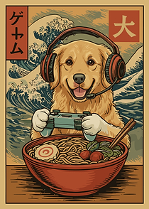 Golden Retriever Gamer Poster, Ramen Japanese Art Print, Cute Dog Wall Decor for Gamers