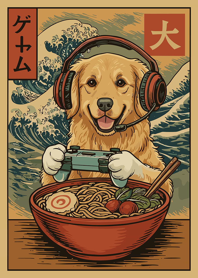 Golden Retriever Gamer Poster, Ramen Japanese Art Print, Cute Dog Wall Decor for Gamers