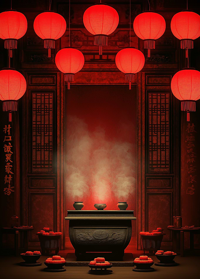 Red Lanterns and Incense Altar