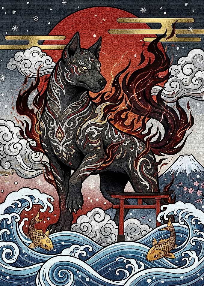 Japanese Mythical Dog with Fire and Waves