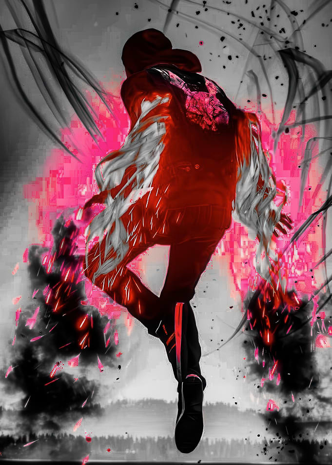 Dynamic Figure with Red and Gray Hues